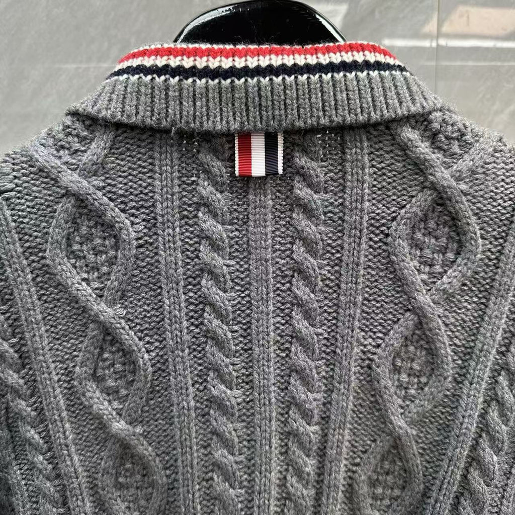 Thom Browne Style Gray Cable-Knit Collared Cardigan