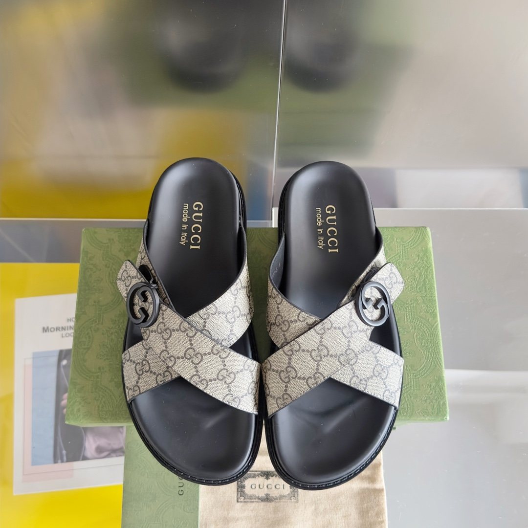 Gucci Beige Monogram Crossover Slide Sandals